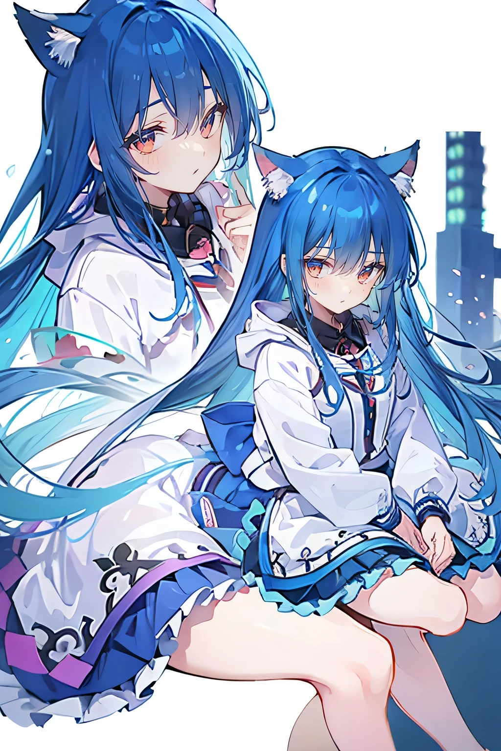 (masterpiece:1.2),Super detailed,lifelike,Expressive eyes,fair skin,perfect face shape,1 girl,
Japanese comics,Gorgeous blue hair,flowing blue hair,flowing clothes,Cat ears,Petals fall,beautiful lola,Baby Angel,sunrise,
Shaking head with one hand,Cross your legs,Gentle and peaceful background,The pavilion is cool and comfortable,smile, wearing hoodie, background of tokyo,back views,snowing, winter.