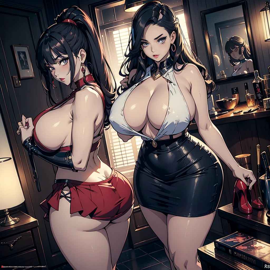 (Masterpiece, Personnage, Manga, Feminine, Huge Tits and Posterior, Pouty Lips, Lightly Dressed),
High quality, Anime-inspired, Detailed character design, (Sexually attractive), Voluptuous body, Full-figured, Curvy, (Exaggerated assets), Alluring, Seductive,
Realistic rendering, Smooth skin, Flirty pose, (Sensual), Eyes with long lashes and heavy eyeliner, Red lipstick, (Detailed facial features),
Loose clothing, Short skirt, Midriff baring, High heels, Fan service, Dynamic lighting, Shaded areas