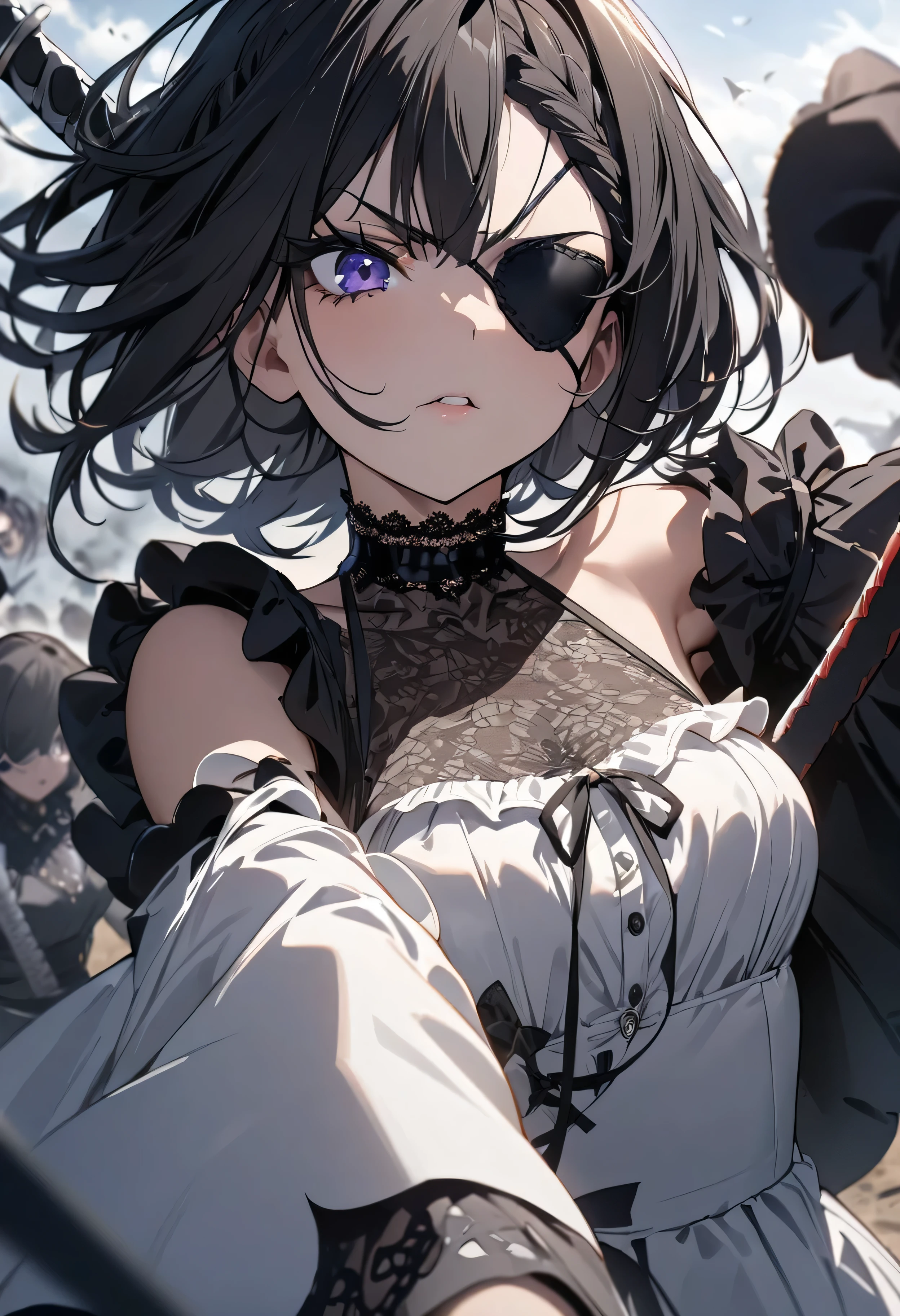 (masterpiece:1.2), (highest quality:1.2), Perfect Eyes, Perfect Face, Perfect lighting, One girl,bob, Complicated hairstyle, compensate, Thick eyelashes, Dressed as a goth girl, Black and white dress, Frills, ribbon, Puffy sleeves, Exposing shoulders, Lace choker,fighting,battle field,katana,Eye patch