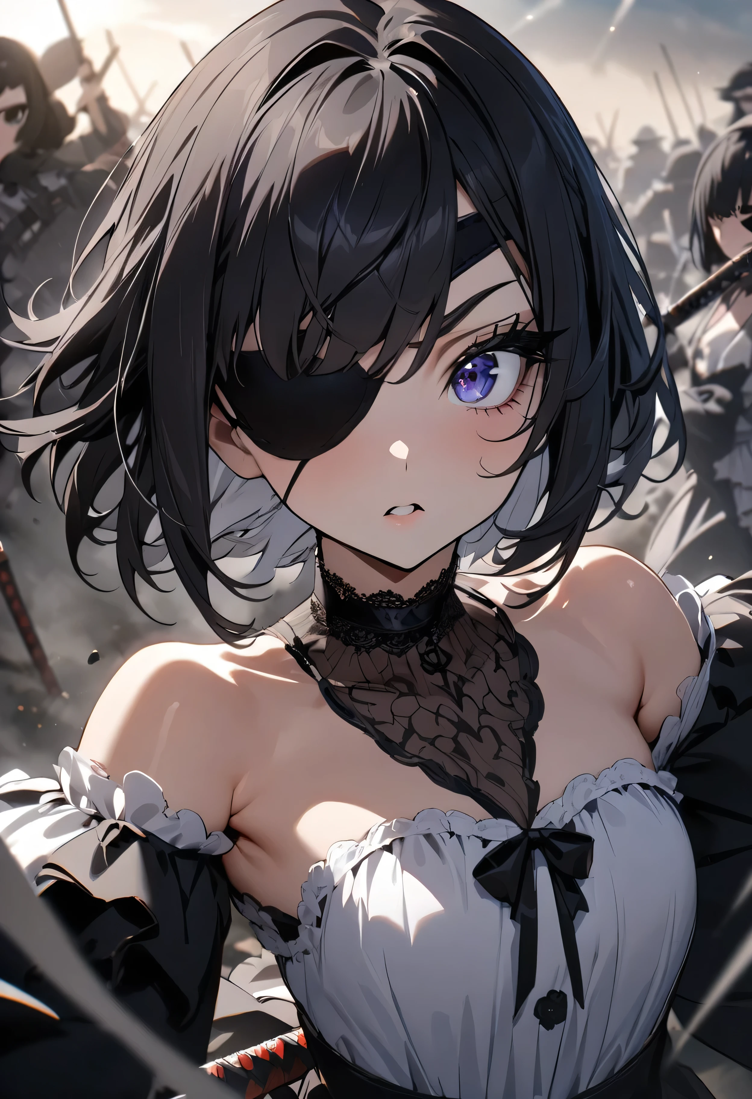 (masterpiece:1.2), (highest quality:1.2), Perfect Eyes, Perfect Face, Perfect lighting, One girl,bob, Complicated hairstyle, compensate, Thick eyelashes, Dressed as a goth girl, Black and white dress, Frills, ribbon, Puffy sleeves, Exposing shoulders, Lace choker,fighting,battle field,katana,Eye patch