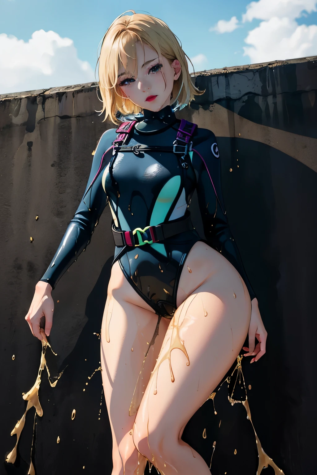 anime, best quality, high quality, highres, beautiful women, tanned gyaru, blonde hair, high detail, good lighting, (((wetsuit))), nice legs, (((wetting herself))), (((peeing herself))), (((peeing self))), pee streaming down legs, peeing stain, (puddle), (thick thighs), nice long legs, lipstick, detailed face, pretty face