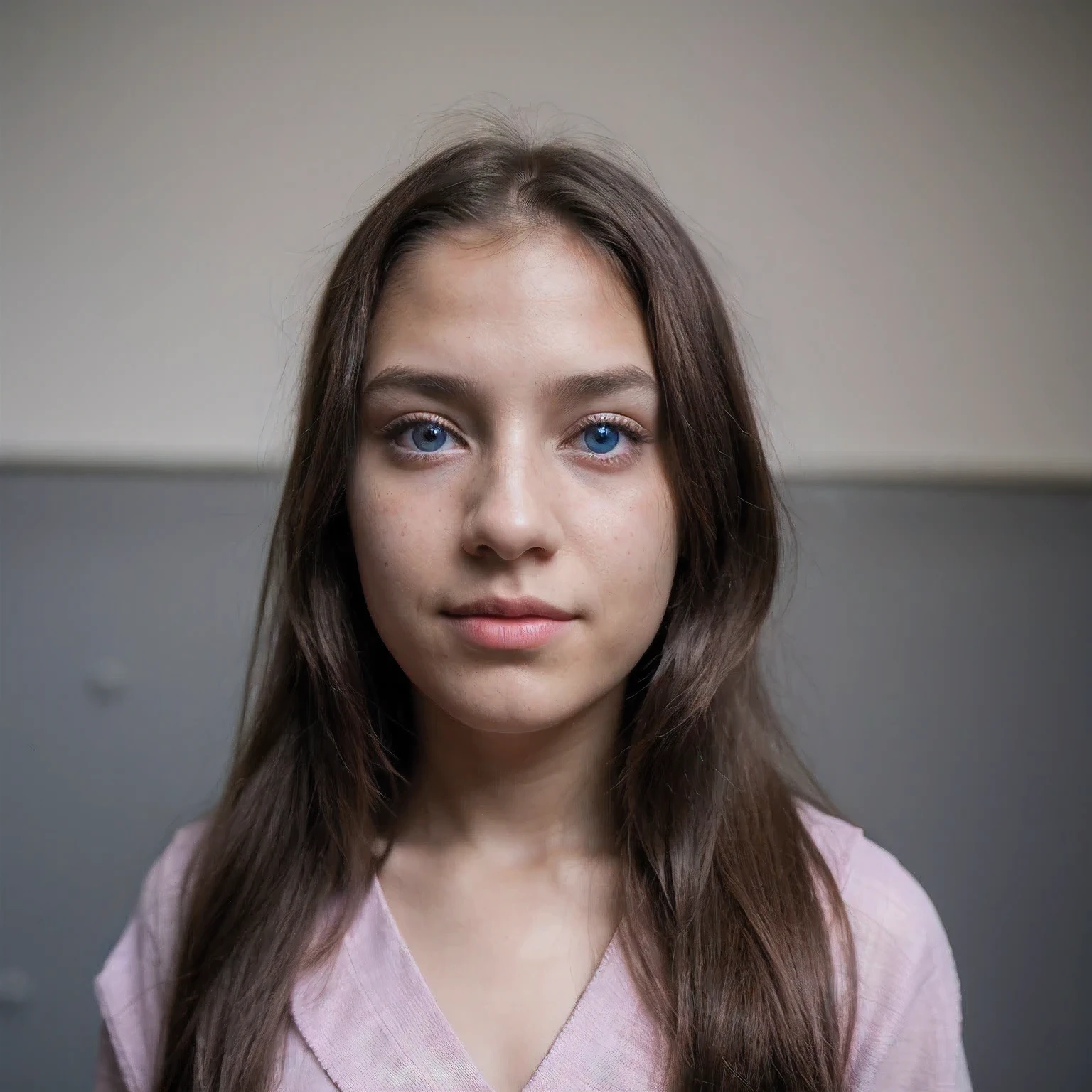 photo of a college student,9 years old, in Purple Pink, Linen coarse cloth, (freckles:0.8) Blush,cute face, sci-fi, dystopian, detailed eyes, cobalt blue eyes((Side view))Shy