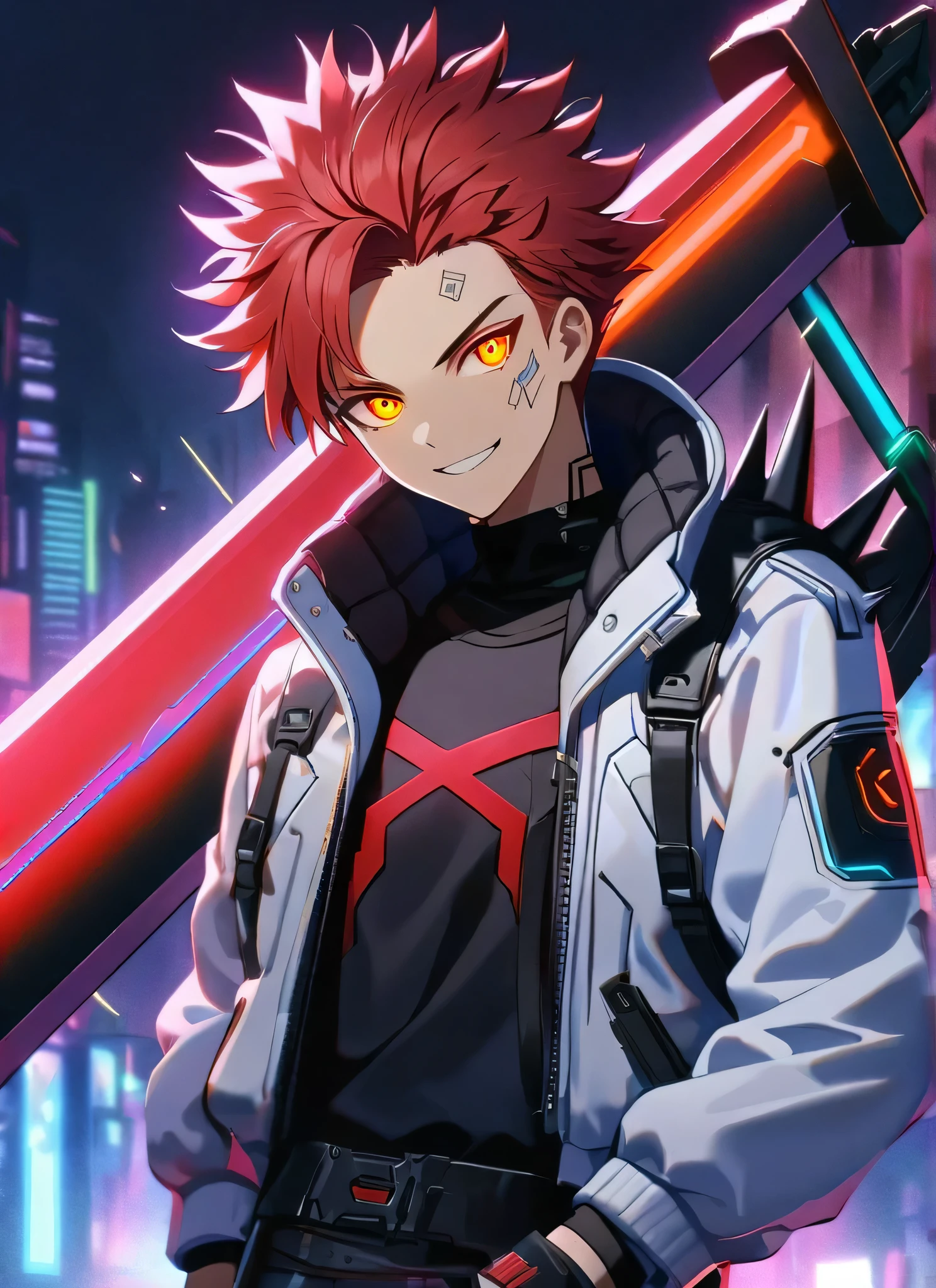 A man, short hair, spiky upwards, with some strands falling on the forehead, with a giant Sword on the back, a giant neon black sword , wearing a leather white jacket and black t shirt, stand and confident pose, confidente smile, cyberpunk, night, fingerless gloves , red hair, neon eyes