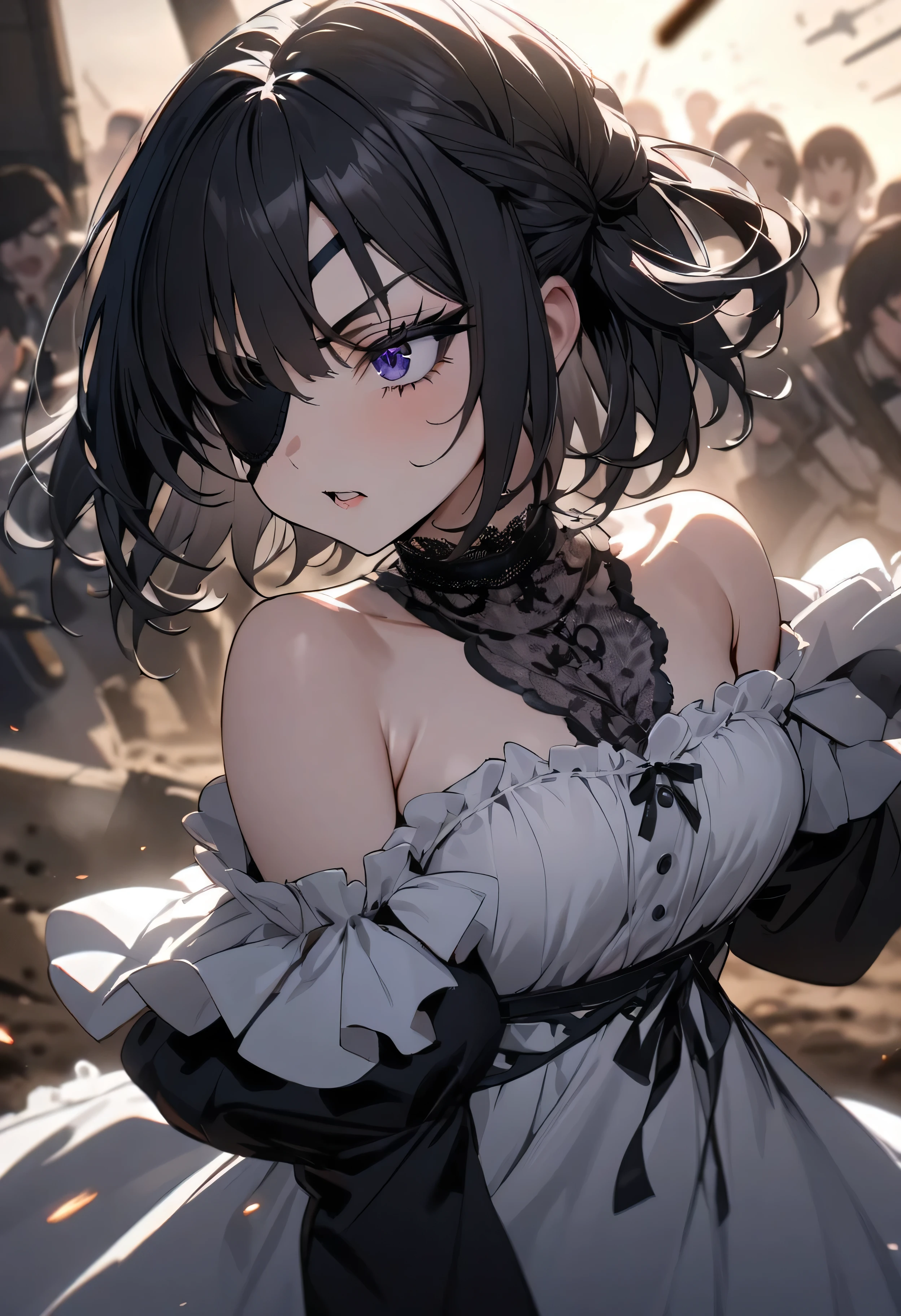 (masterpiece:1.2), (highest quality:1.2), Perfect Eyes, Perfect Face, Perfect lighting, One girl,bob, Complicated hairstyle, compensate, Thick eyelashes, Dressed as a goth girl, Black and white dress, Frills, ribbon, Puffy sleeves, Exposing shoulders, Lace choker,fighting,battle field,katana,Eye patch