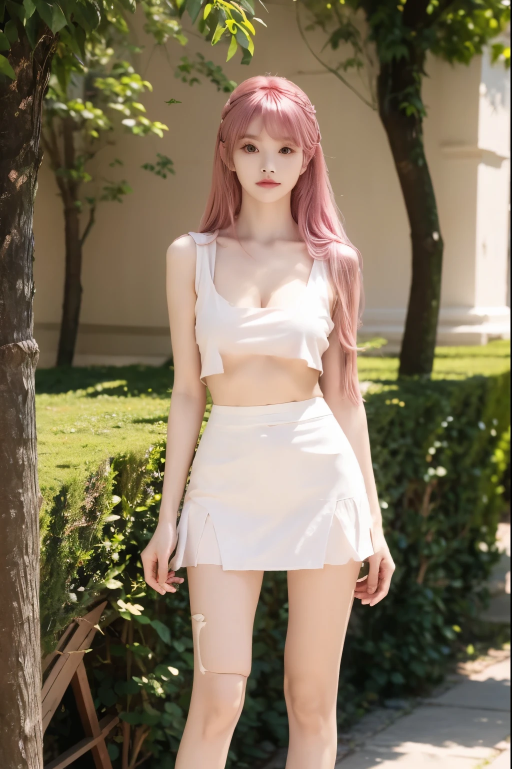 Beautiful woman with perfect body：1.4，Layered Hairstyle，Prominent cleavage，Highly detailed face and skin textures，Double eyelids，Skin Whitening，Long hair，Whitened long legs，Pink hair，（Tight T-shirt，miniskirt，White pantyhose）Standing in the garden