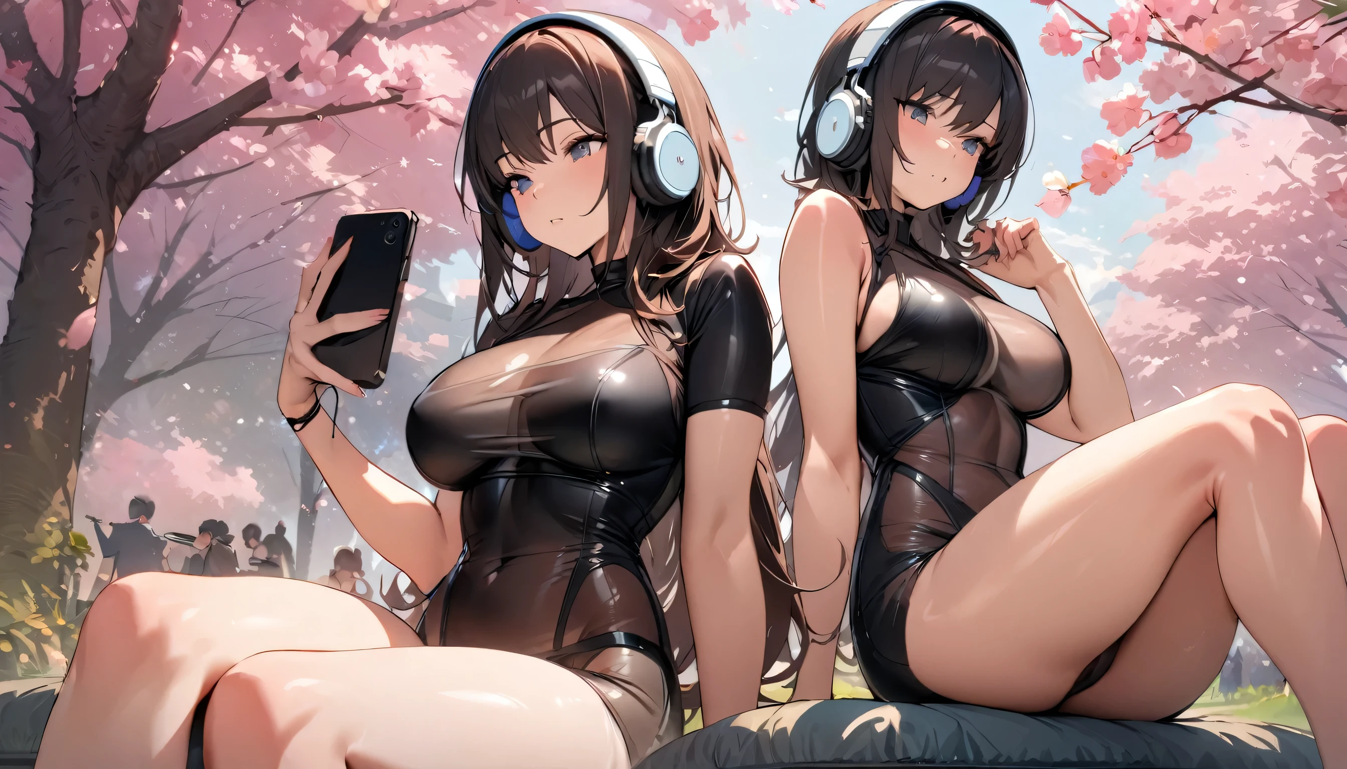 ((Top quality)), ((Masterpiece)), (Details), perfect face, sitting under a cherry tree, listening to music, a woman, wearing headphones, wearing underwear, underwear is transparent, sitting with legs wide open, wearing tight clothes, showing butt and breasts