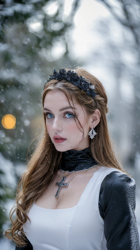 1 miniature Beautiful beautiful woman - Yuan Sayuki, ((top quality, 8K, Masterpiece:1.retty woman, 1 woman, huge breasts:1.3, a slim body:1.1, lush GINGER long hair with 2 buns, (shower, wet body, wet clothes:1.1), very detailed face, detailed lips, detailed eyes, double eyelids, Detailed blue eyes, чрезвычайно Detailed Outstanding Blue Eyes, long GINGER wet hair, GINGER wet hair, Detailed Outstanding Blue Eyes, innocent look at the viewer, very wet wavy white hair, Detailed Outstanding Blue Eyes, huge cross earrings, Outdoors, badges behind, gothic maid uniform, sexy maid dress, bare chest, huge chest tattoo, detailed huge catholic cross earrings, chest tattoo, Outside, wear a silver cross (Detailed cross shape), reality mode, wet breasts, black necklace, human crowd behind, black latex gloves, hair of white snowy colour, night time, red neon lights, demonic nun, nimbus (golden lighting ring above her head), angel, snowy weather, sexy pose, white lingerie, black maid dress, detailed flower wreath made of different colours, open chest
