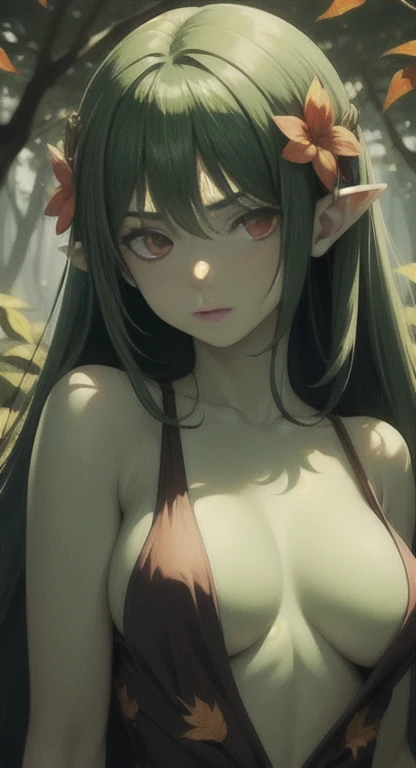 masterpiece, best quality, solo, cursed woman, flower hair, red eyes, green hair, dryad, covered in Leaves, green skin,