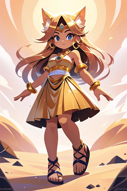 Nome: Sahara Poder: Controle da Areia Cor da pele: Bronzeada, com um brilho dourado Cor do cabelo: Loiro claro, longo e ondulado Olhos: Intensos, of a deep shade of golden amber Clothing: Um traje elegante e fluido, composto por um top dourado brilhante, long layered skirt in light fabric and gold leather sandals. accessories: Gold bracelets on hands and ankles, e um colar com um pingente de cristal amarelo em forma de gota. Seu plano de fundo retrata um deserto vasto e dourado, com dunas ondulantes e um sol escaldante no horizonte, representing the environment where Sahara displays its dominance over the sand.