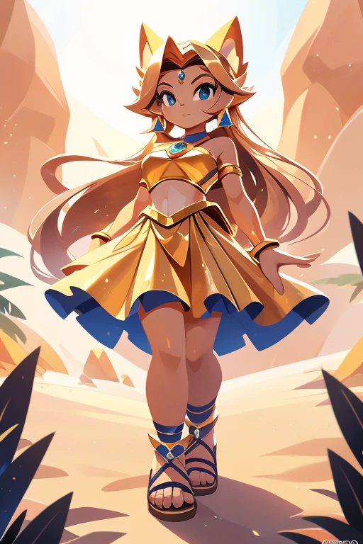 Nome: Sahara Poder: Controle da Areia Cor da pele: Bronzeada, com um brilho dourado Cor do cabelo: Loiro claro, longo e ondulado Olhos: Intensos, of a deep shade of golden amber Clothing: Um traje elegante e fluido, composto por um top dourado brilhante, long layered skirt in light fabric and gold leather sandals. accessories: Gold bracelets on hands and ankles, e um colar com um pingente de cristal amarelo em forma de gota. Seu plano de fundo retrata um deserto vasto e dourado, com dunas ondulantes e um sol escaldante no horizonte, representing the environment where Sahara displays its dominance over the sand.