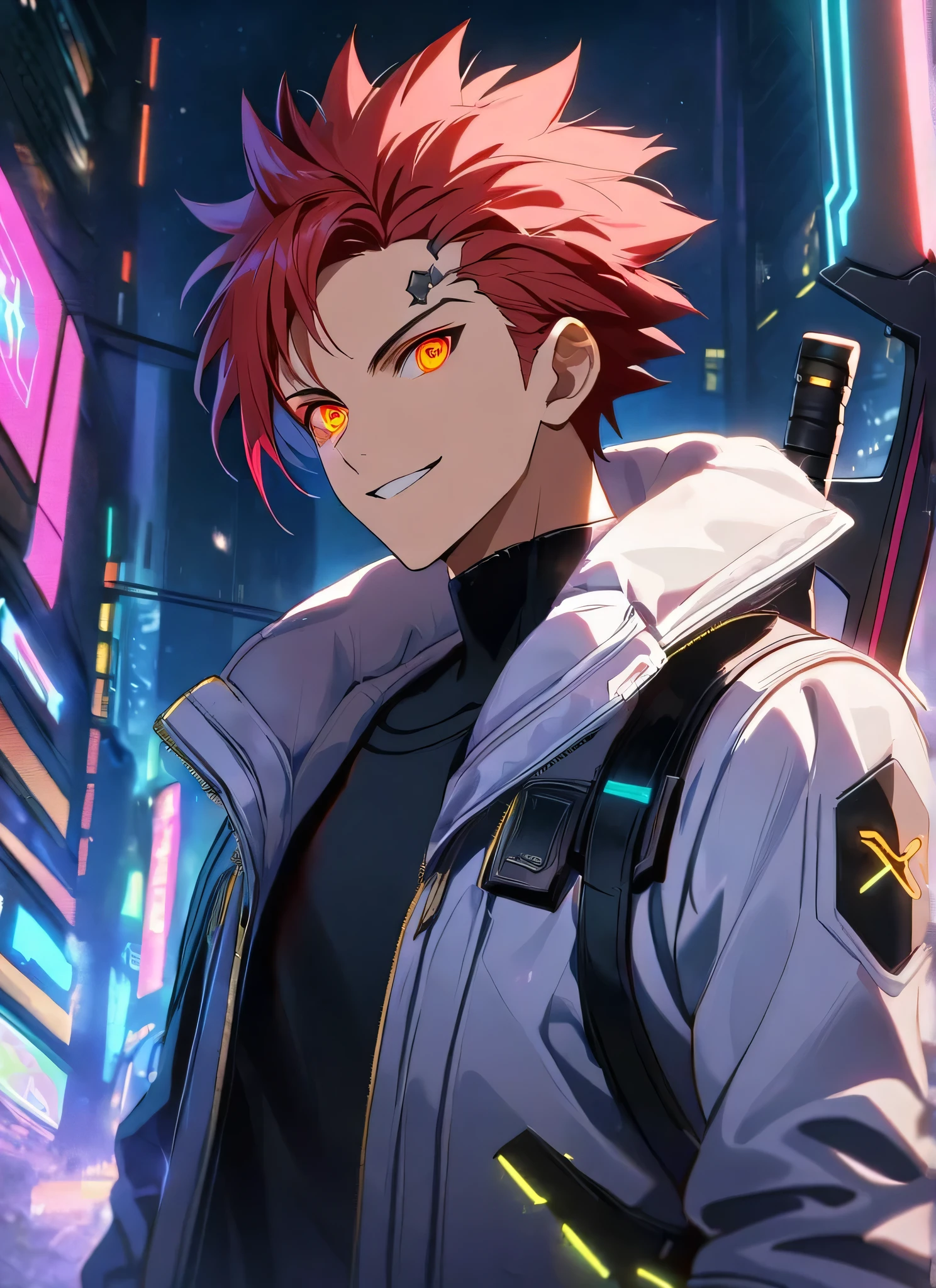 A man, short hair, spiky upwards, with some strands falling on the forehead, with a giant Sword on the back, a giant neon black sword , wearing a leather white jacket and black t shirt, stand and confident pose, confidente smile, cyberpunk, night, fingerless gloves , red hair, neon eyes