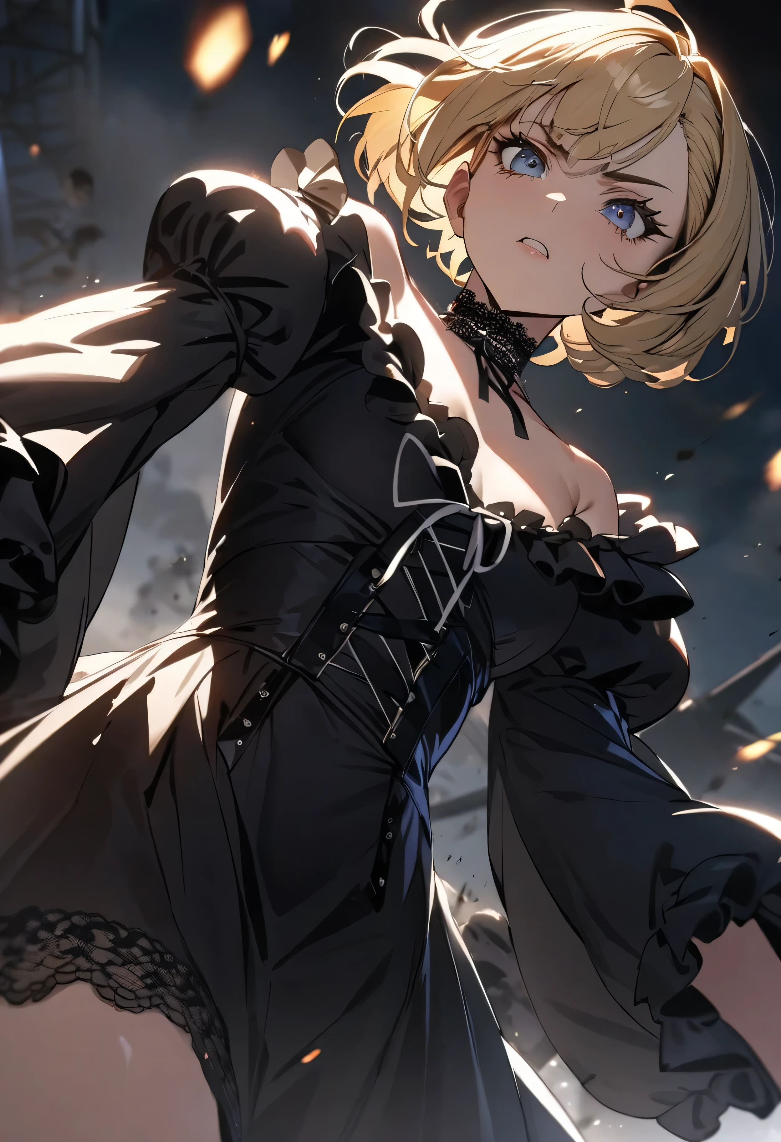 (masterpiece:1.2), (highest quality:1.2), Perfect Eyes, Perfect Face, Perfect lighting, One girl,bob, Complicated hairstyle, compensate, Thick eyelashes, Dressed as a goth girl, Black and white dress, Frills, ribbon, Puffy sleeves, Exposing shoulders, Lace choker,fighting,battle field,blonde hair,from below