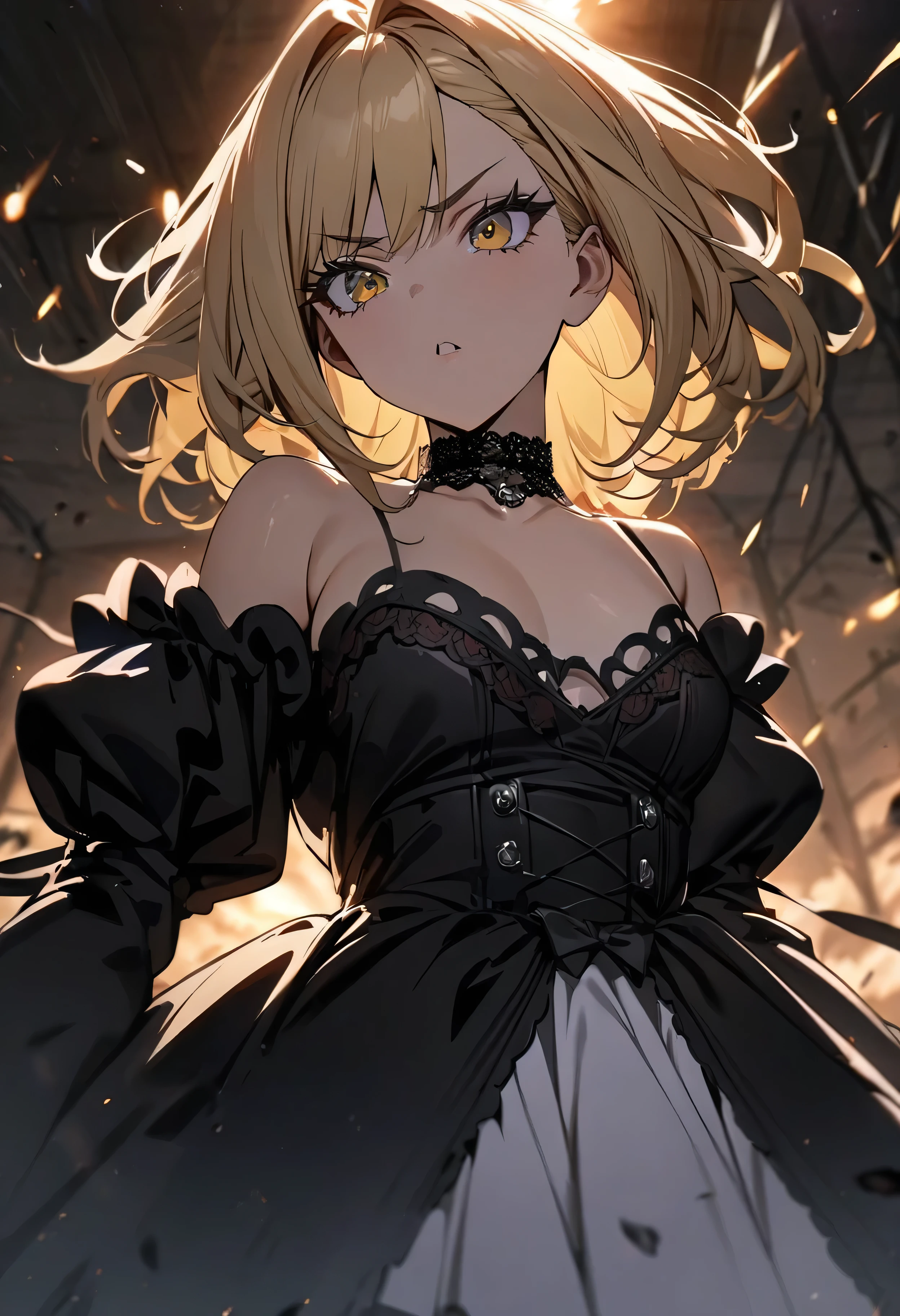 (masterpiece:1.2), (highest quality:1.2), Perfect Eyes, Perfect Face, Perfect lighting, One girl,bob, Complicated hairstyle, compensate, Thick eyelashes, Dressed as a goth girl, Black and white dress, Frills, ribbon, Puffy sleeves, Exposing shoulders, Lace choker,fighting,battle field,blonde hair,from below