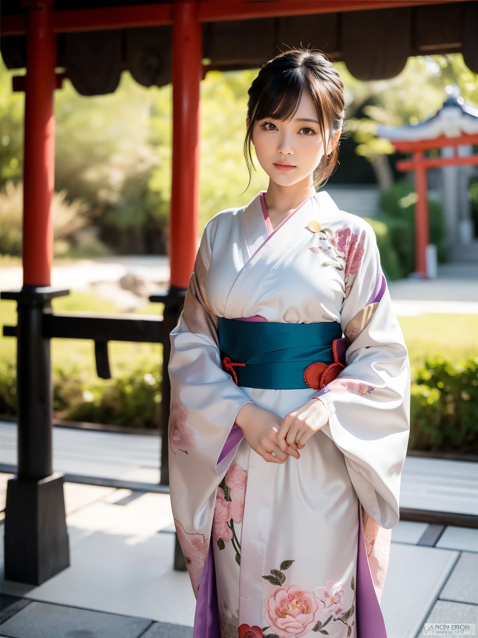 (Best quality: 1.5), (Real: 1.5), (1 person: 1.5), Medium shot, (Very detailed), (High resolution), 8k, normal breasts, natural colored lips, Japanese woman, 24 years old girl, thin eyebrows, beautiful and elegant features, cute face, thin arched eyebrows, (big eyes with balanced left and right sides), big eyes, fair skin, beautiful and elegant features, natural bangs, beautiful thin nose, beautiful skin , medium bob hair, natural bangs, perfect and beautiful face, slim features and body type, (bright lighting), professional lighting, (lighting from the front), outdoor, cute and sexy 24 year old slim woman, fair skin , (rapt facial expression), (furisode kimono), (normal breasts), (standing in front of the torii gate facing forward), simple pose, (beautiful obi), (first visit to the shrine), (vermilion torii gate) , (Japanese floral pattern: 1.0), (Japanese traditional classical pattern: 1.2), Japanese hairpin, Japanese hairpin, consecutive torii gates, shrine with many torii gates,