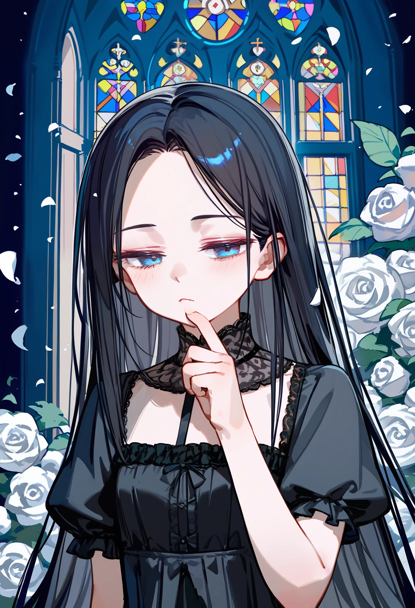 masterpiece, upper body, score_9, score_8_up, score_7_up, front, 1girl, solo, black hair, long hair, parted bangs, dark blue eyes, narrowed eyes, innexpressive, pale skin, small breasts, upper body, victorian fashion, black dress, frilled dress, short sleeves, a single hand stroking her own chin, delicate hand, white rose petals, church background, best quality
