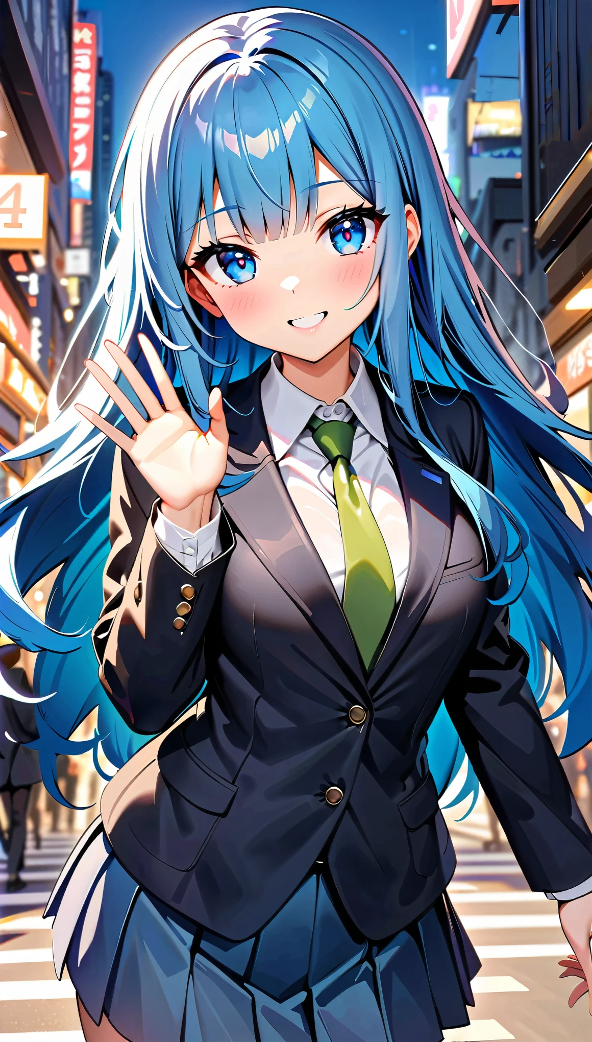 (highest quality:1.2, Very detailed, Ultra-high resolution, masterpiece:1.2, highest quality, Best aesthetics), (((1 girl))), Beautiful woman, , jk, blazer, Collared shirt with green tie, Pleated skirt, (Blue Hair, Long Hair, Blue Eyes), Reflection of light, translucent, Fascinating, (Hand waving pose:1.4), Watery eyes, Detailed eyes, Delicate, dream-like, Surreal, Shibuya, Scramble crossing, People passing by々, smile, Soft Light, Elegant gestures, Shallow depth of field, Bokeh:1.2.