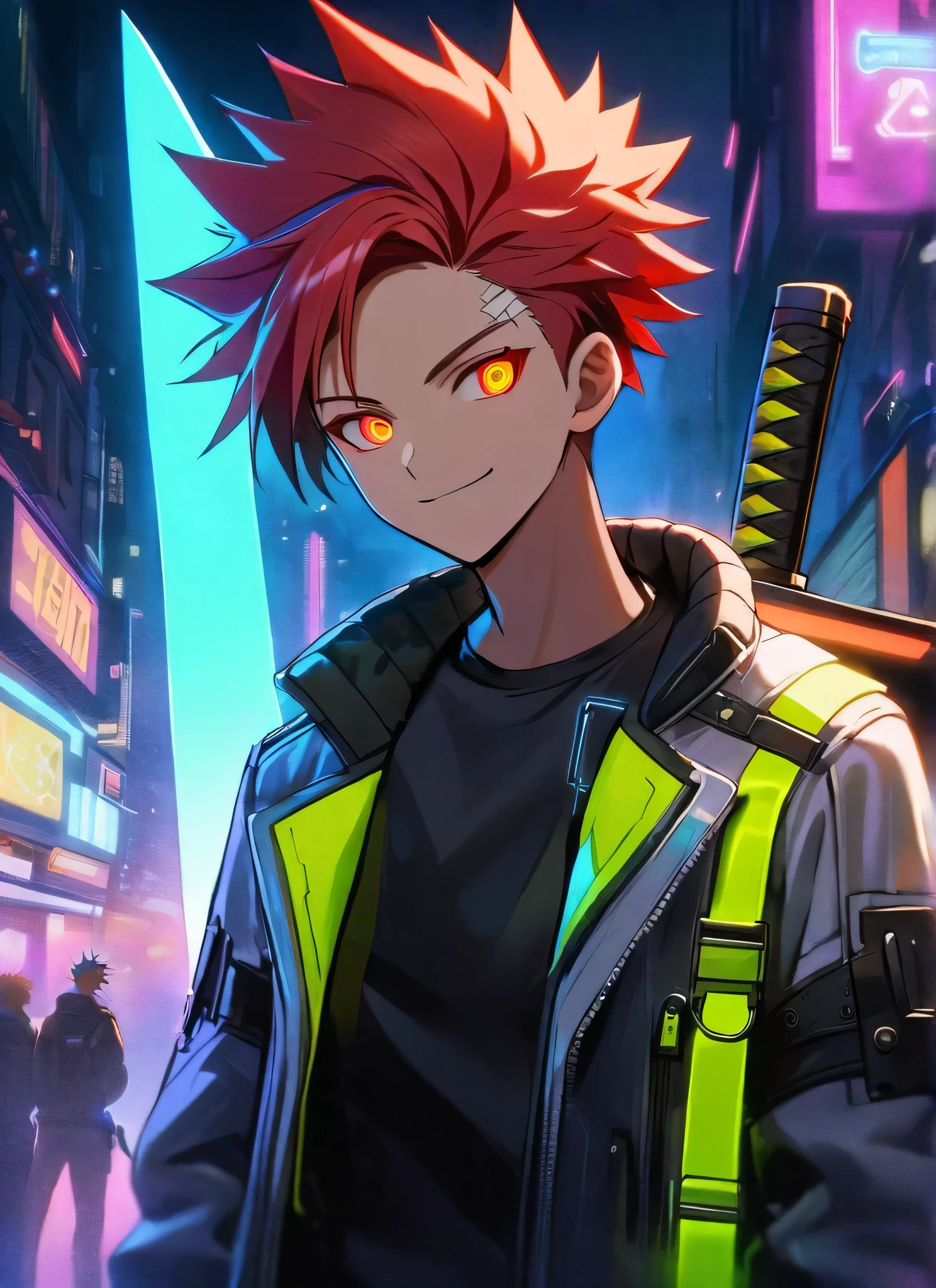 A man, short hair, spiky upwards, with some strands falling on the forehead,  with a giant Sword on the back, a giant neon black sword , wearing a leather white jacket and black t shirt, stand and confident pose, confidente smile, cyberpunk, night, fingerless gloves , red hair, neon eyes