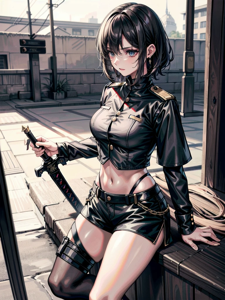 whole body, long sword, Black military uniform, Ladies' military vests, absurdres, RAW photo, extremely delicate and beautiful, masterpiece, Best Quality, ultra high resolution, 32k, hyperrealistic, ultra-detailed, tearful mole, earring, short medium hair, wavy hair, urban backdrop, shorts, midriff, 