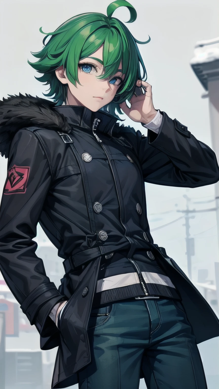 (masterpiece), ((sfw)), best quality, expressive eyes, perfect face, mature male, ((1boy, adult Man)), young adult, young man, solo, Green hair BREAK ahoge, blue eyes BREAK looking at viewer, blue background, (crystal), standing, :/, winter clothes, winter coat, blue pants BREAK