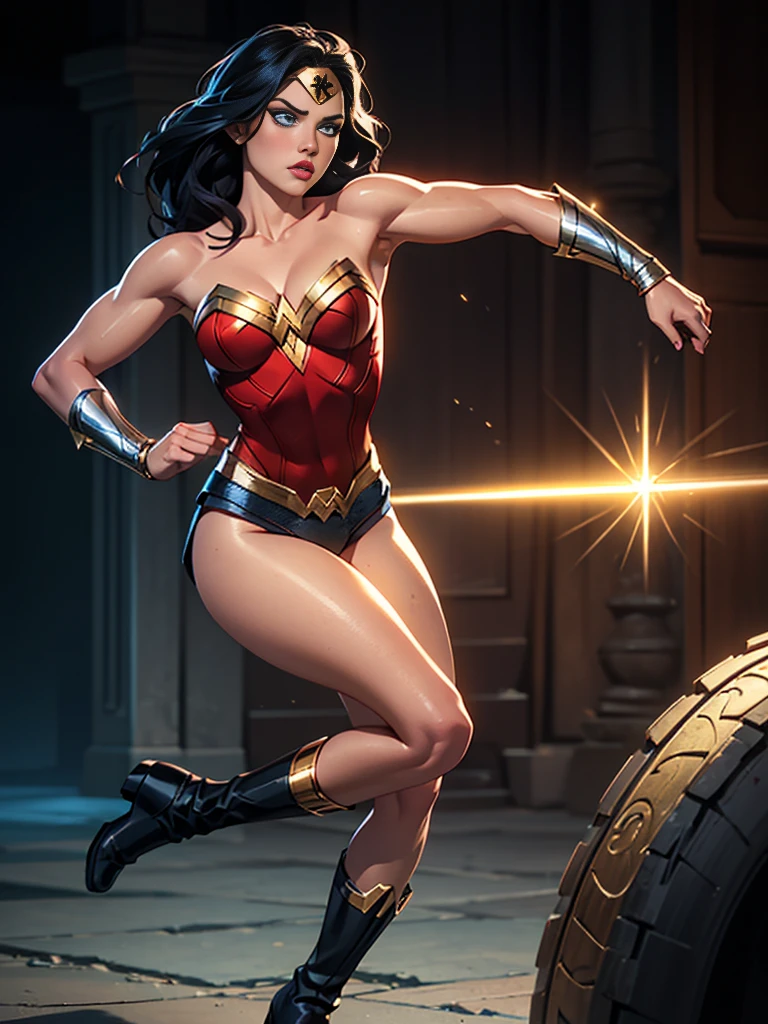 Wonder Woman, vhs effect, nostalgia, full body, Wonder Woman, (Intricate details, makeup), (Delicate and beautiful delicate face, delicate and beautiful delicate eyes, perfectly proportioned face), delicate skin, strong and realistic blue eyes, realistic black hair, lips, makeup, natural skin texture, tiara, jewelry, star \(symbol\), leotard, bulletproof gauntlet, Red boots, golden belt, (public clothing: 1.5), bare shoulders, slightly sunburned complexion, elastic muscles, (muscles: 1.2), ((strong and healthy body)), (((more) muscles))), long legs, curves, cleavage, thin waist, soft waist, (delicate skin), (beautiful woman), (swollen lips: 0.9), (eyelashes: 1.2), very delicate muscles, perfect body, flexing muscles, (skin texture), intricately detailed, fine details, hyperdetailed, raytracing, subsurface scattering, diffused soft lighting, shallow depth of field, by (Oliver Wetter))neon)