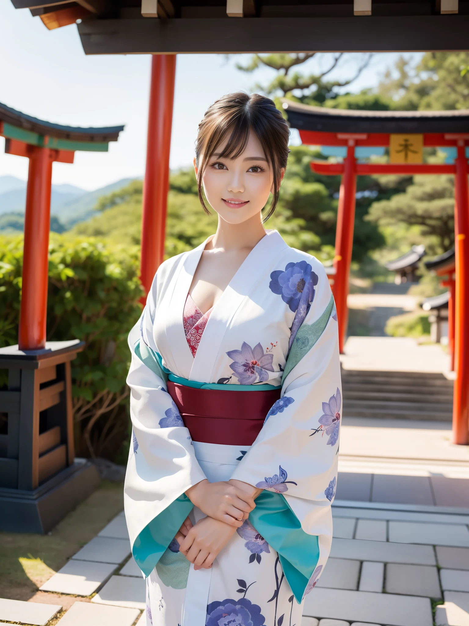 best qualtiy，tmasterpiece，ultra high resolution，（Realism：1.4），RAW photogr，1girll，short hair，Face Highlighting，Pure，Girly，Flushing，18yr old，18-year-old smiling female classmate，Pure，Innocent，（best qualtiy，8K，tmasterpiece:1.3），Goose egg face，largeeyes，long eyelasher，Exquisite（live-action realistic style），((photo mid body)), full body shot, Star-like eyes，Ultimate face，Photorealistic light and shadow，Clear facial featureilky white skin，Fair skin， highdetailskin， Realistic skin details， Visible Pore，（Super detail），（perfect bodies：1.1），long whitr hair，（dynamicposes），((Dynamic background((volumettic light：1.3))，Bigchest, deep v big breasts, showing cleavage, rounded breast, beautiful kimono，liberta，Dashing，Stand under the cherry blossom trees，long leges，geisha, Shunguang