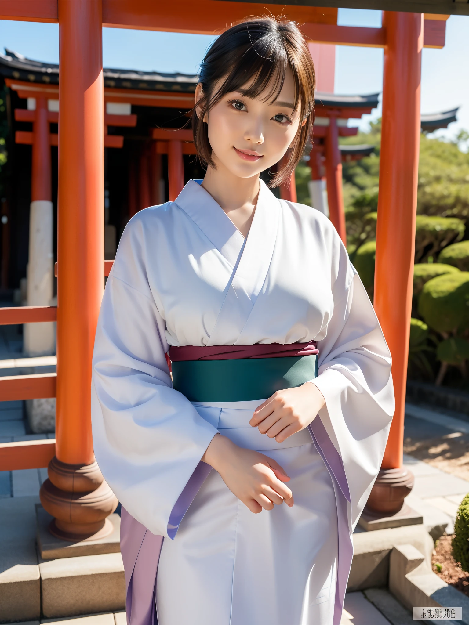 (Best quality: 1.5), (Real: 1.5), (1 person: 1.5), Medium shot, (Very detailed), (High resolution), 8k, normal breasts, natural colored lips, Japanese woman, 24 years old girl, thin eyebrows, beautiful and elegant features, cute face, thin arched eyebrows, (big eyes with balanced left and right sides), big eyes, fair skin, beautiful and elegant features, natural bangs, beautiful thin nose, beautiful skin , medium bob hair, natural bangs, perfect and beautiful face, slim features and body type, (bright lighting), professional lighting, (lighting from the front), outdoor, cute and sexy 24 year old slim woman, fair skin , (adorable smile), (furisode kimono), (normal breasts), (standing in front of the torii gate facing forward), simple pose, (beautiful obi), (first visit to the shrine), (vermilion torii gate) , (Japanese floral pattern: 1.0), (Japanese traditional classical pattern: 1.2), Japanese hairpin, Japanese hairpin, consecutive torii gates, shrine with many torii gates,