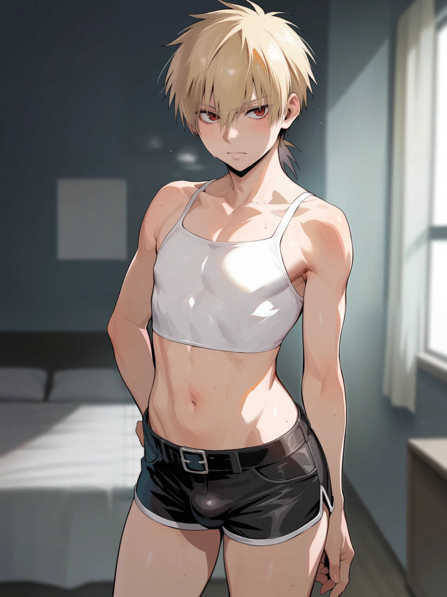 score_9, score_8_up, source_anime, standing, hellsing, seras, femboy, twink, shorts, otoko no, crop top, indoors, ikuchan