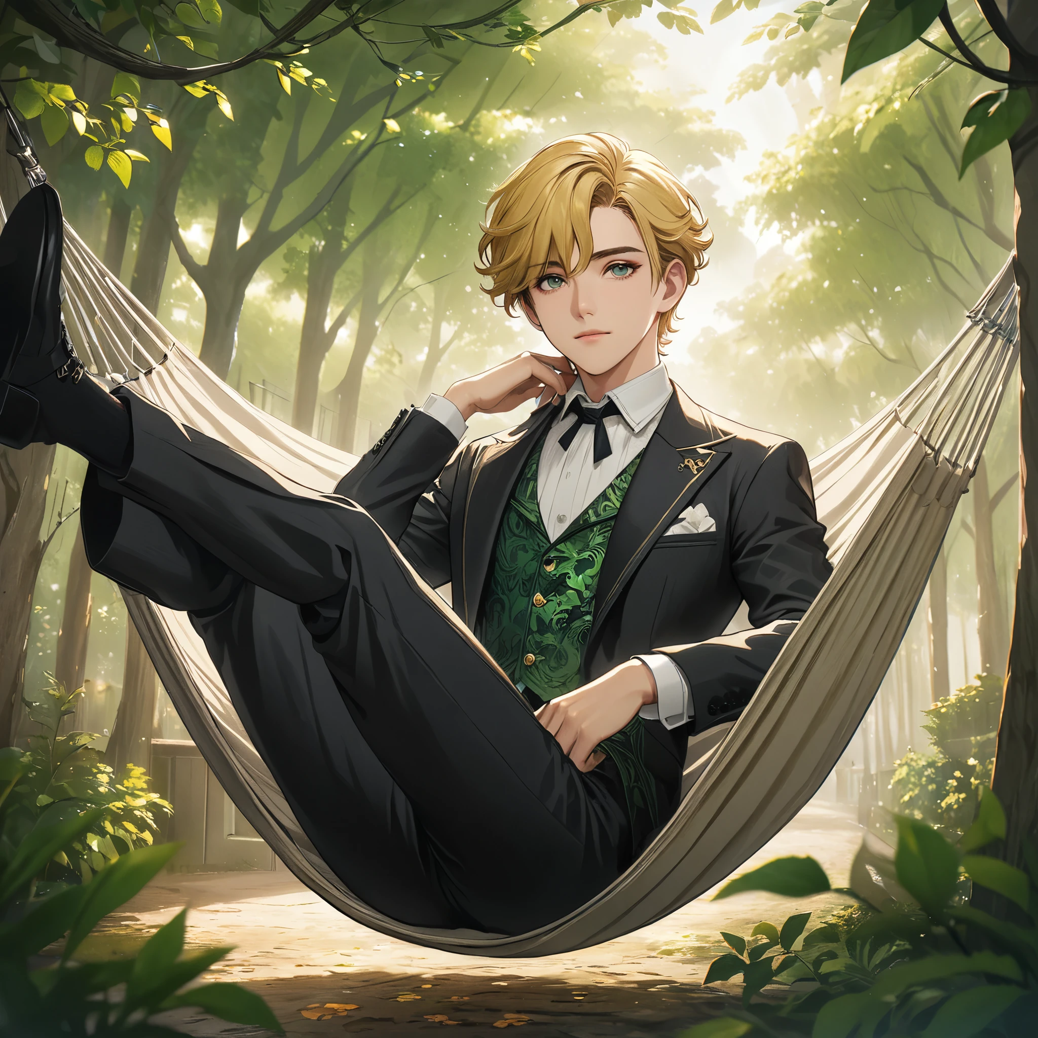 clear good looking face, 24 year old man in suit, fine details and realistic textures, baroque fashion, short golden hair and eyes, swaying in hammock through trees, warm light, surrounded by fresh green trees, official art, highres, masterpiece, --niji 5, oil pastel style