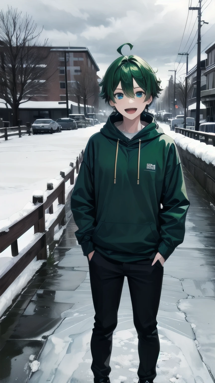 (masterpiece), ((sfw)), best quality, expressive eyes, perfect face, mature male, ((1boy, adult Man)), young adult, young man, solo, Green hair BREAK ahoge, blue eyes BREAK winter clothes, smile, open mouth, snow forest, ice, icy floor, cloudy sky, ice skates, standing, skating, green sweater BREAK black pants BREAK 