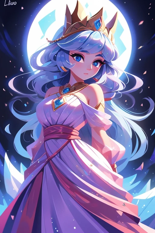 Nome: Isabella Title: Rainha do Gelo Cor da pele: pale, with a slight icy shine Hair color: Prateado, longo e liso Olhos: Hipnotizantes, de um tom profundo de azul claro Roupa: Um vestido majestoso, adornado com cristais de gelo, nas cores azul claro e azul escuro, with silver details that shine in the moonlight. Ela usa uma capa longa e elegante, feita de seda gelada, com bordados de flocos de neve. accessories: Uma coroa de gelo, com joias azuis cintilantes, e luvas longas de renda branca com detalhes de flocos de neve.Seu plano de fundo retrata um reino gelado, com castelos de gelo reluzentes e paisagens cobertas de neve, mostrando o poder e a beleza de seu reinado.