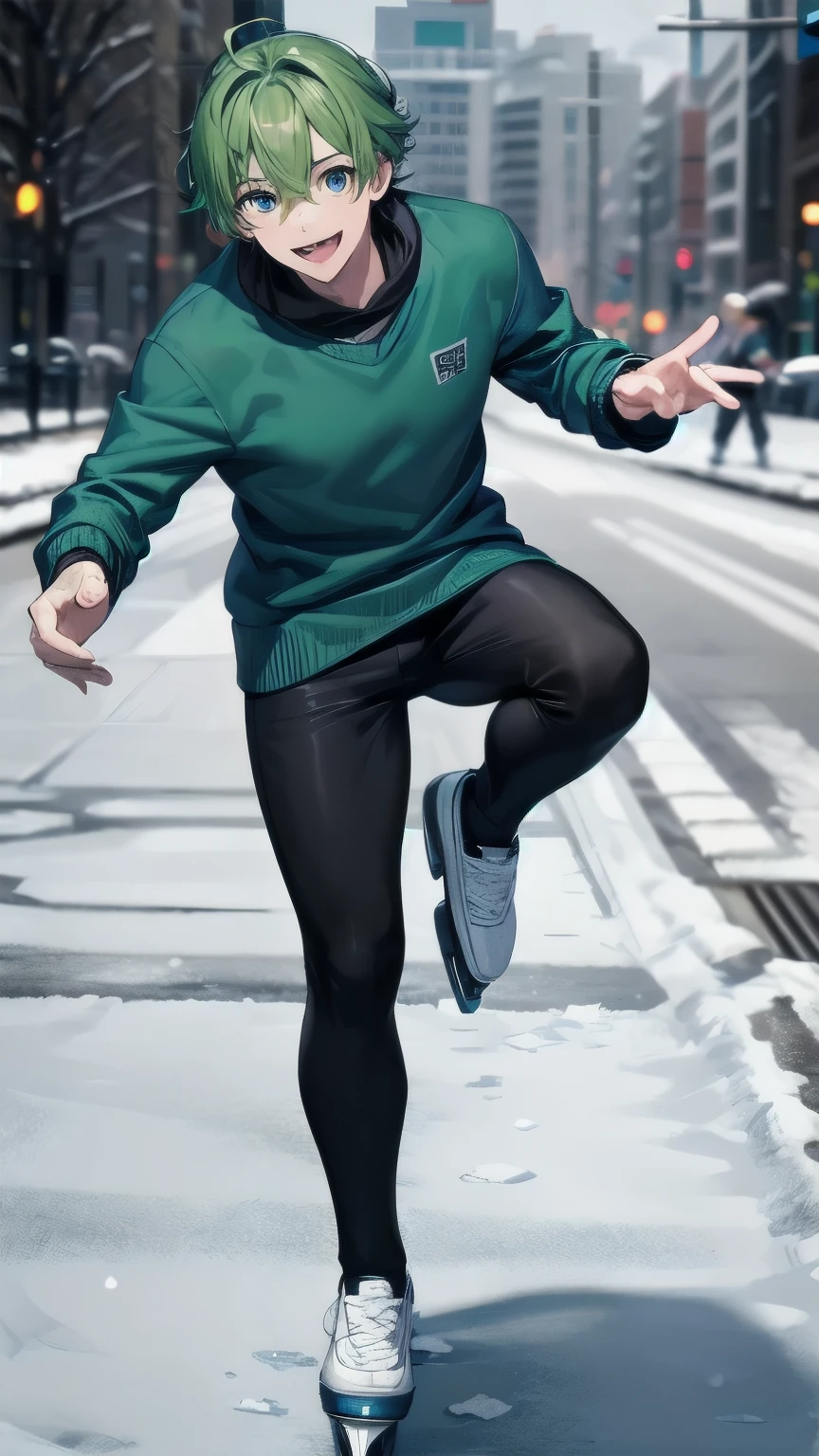 (masterpiece), ((sfw)), best quality, expressive eyes, perfect face, mature male, ((1boy, adult Man)), young adult, young man, solo, Green hair BREAK ahoge, blue eyes BREAK winter clothes, smile, :D, snow forest, ice, icy floor, cloudy sky, ice skates, standing, skating, green sweater BREAK black pants BREAK