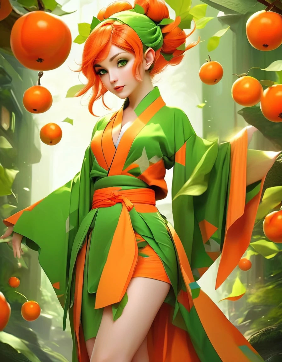 Elf female, feminine look, sexy hair, green outfit, leaves around body, swirling air movement, wide angle, full body view, loose fabric, geometric shapes, small breasts, sherbet pattern kimono, persimmon, up-do hair, Bauhaus, geometric shapes