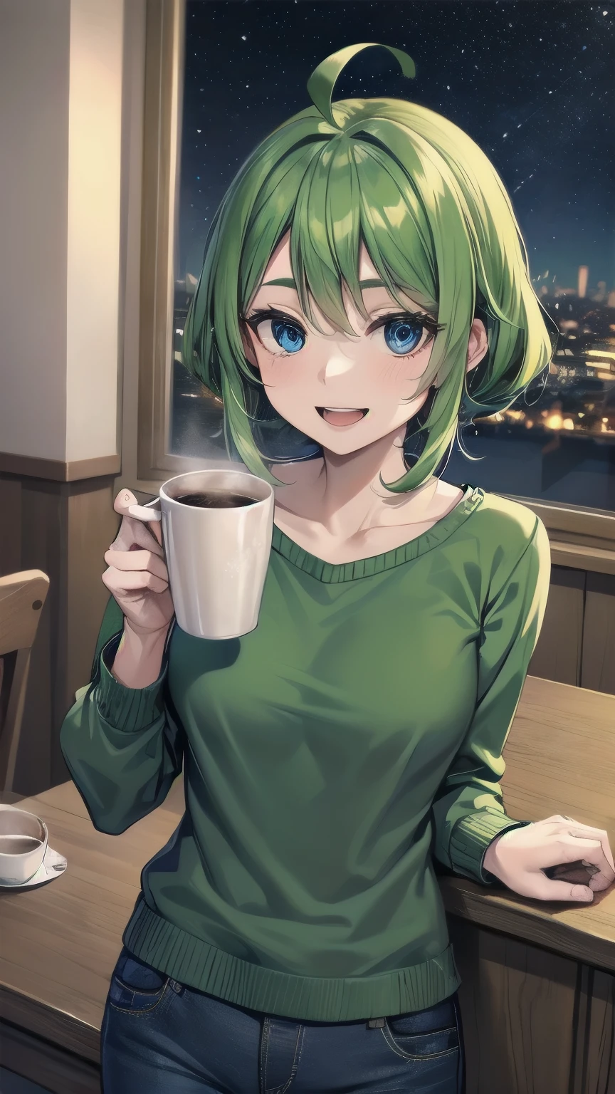 (masterpiece), ((sfw)), best quality, expressive eyes, perfect face, mature male, ((1boy, adult Man)), young adult, young man, solo, Green hair BREAK ahoge, blue eyes BREAK winter, snow, wood house, indoors, window, night sky, living room, standing, coffee, drinking coffee, looking at viewer, smile, open mouth, Green sweater BREAK blue pants BREAK 