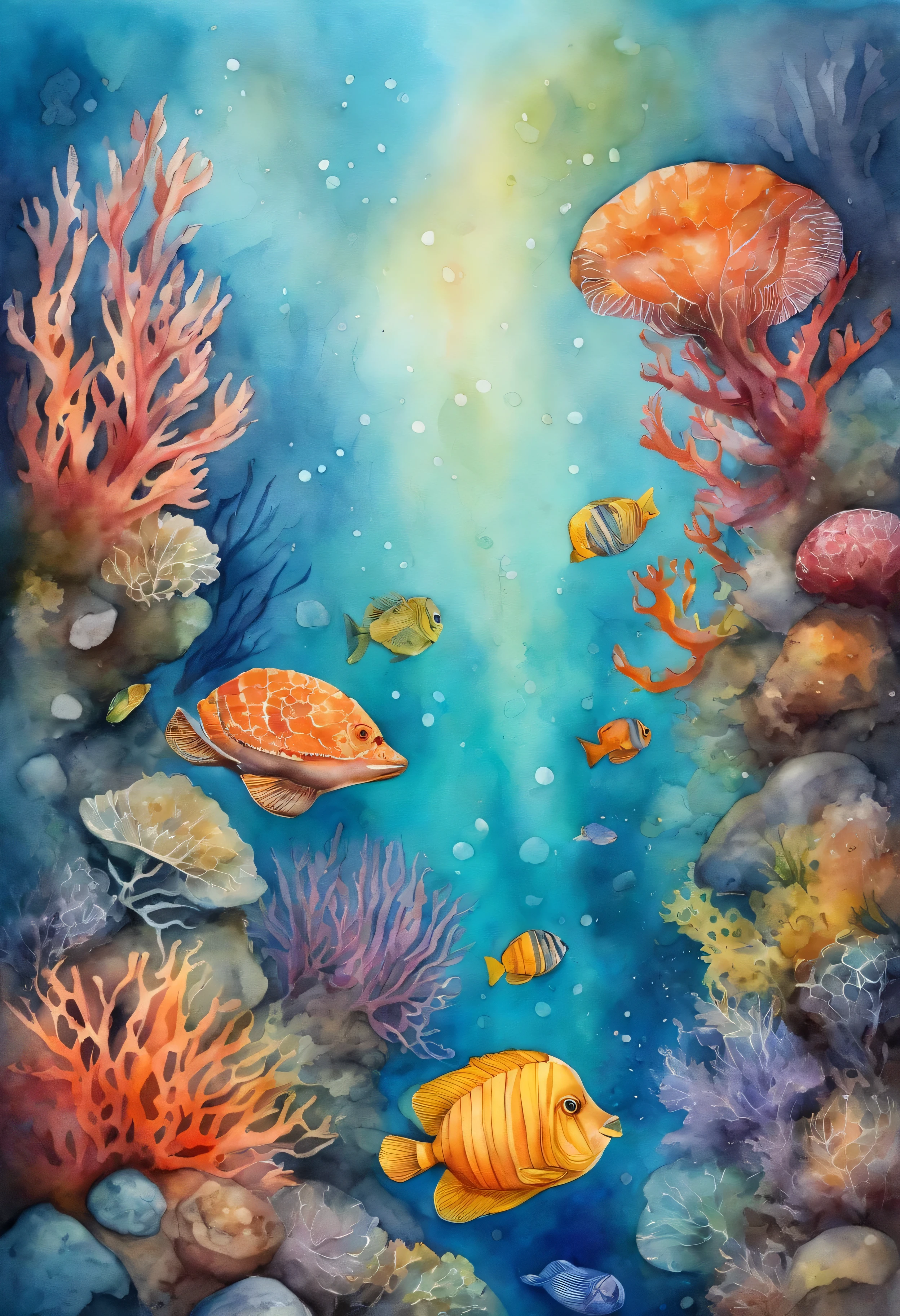 Underwater ocean reef with corals., peces y medusas