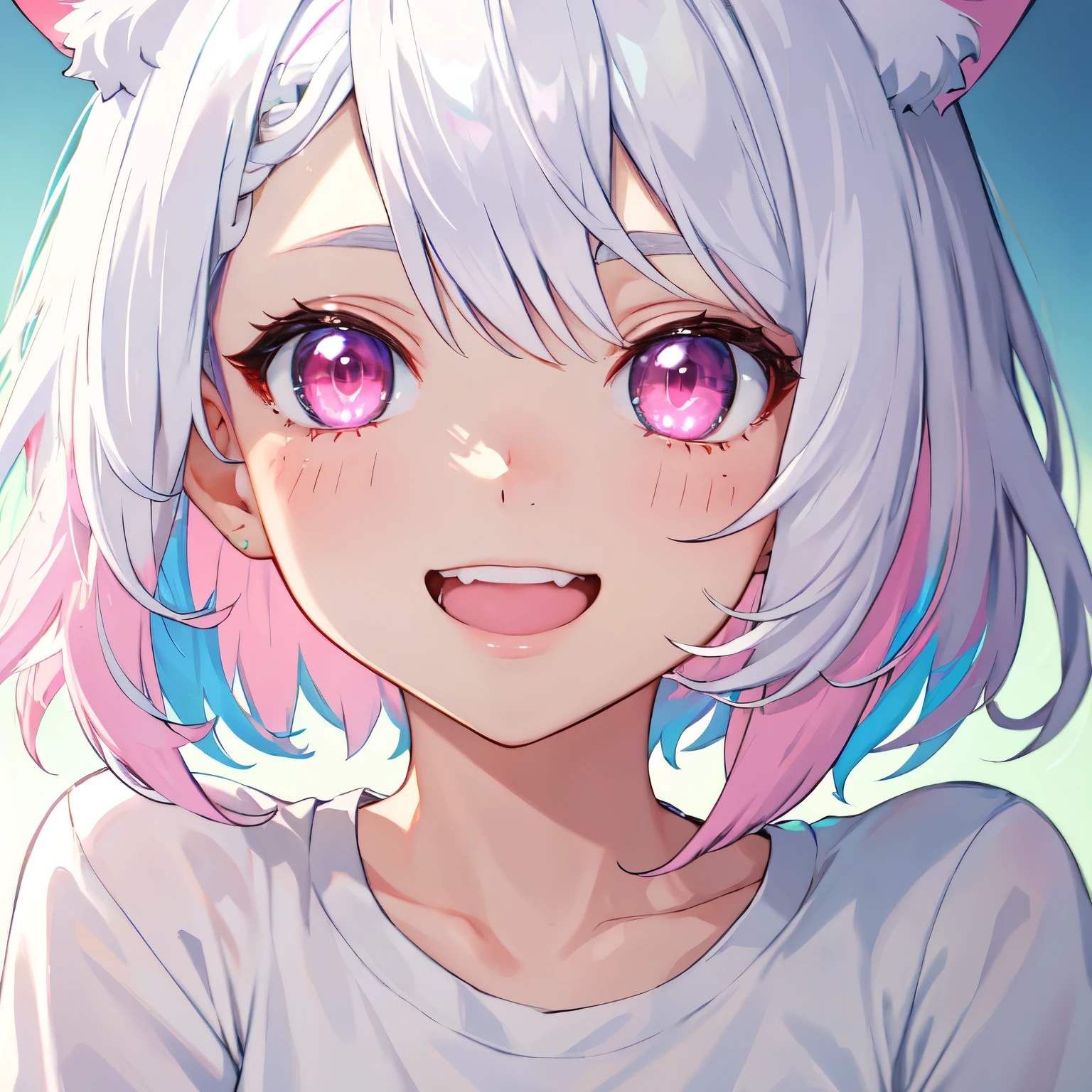 ((best quality)), ((masterpiece)), (detailed), perfect face. White hair. Short hair. Inner pink hair. Anime girl. Pink eyes. Glowing eyes. Nekomimi. T-shirt. Smiling. Close up.
