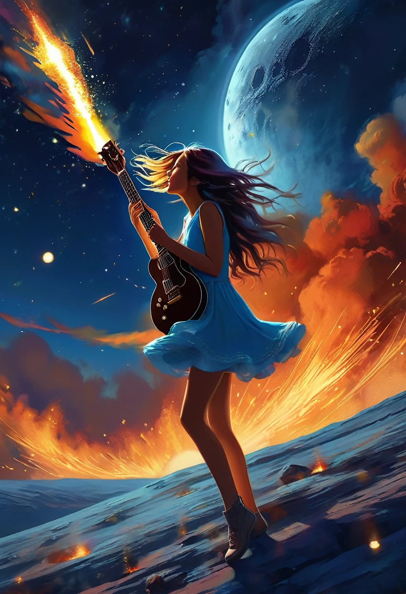 "Create a realistic and epic scene of a girl playing guitar on the moon; with a large flaming meteor passing in the background. The girl, positioned centrally, is illuminated by the soft lunar light emanating from beneath her feet, highlighting her delicate features while playing skillfully. The burning meteor adds drama to the scene. Realistic details, such as the lunar texture under your feet and small elements in the landscape, bring sophistication. the beauty of the girl and the grandeur of the meteor. Use a professional DSLR with a wide-angle lens to capture the entire scene. Set the aperture to f/4 to keep the girl in focus and the background slightly blurred. light conditions. Pay attention to the girl's anatomical and facial details. Use a fast shutter speed to freeze motion and image stabilization to ensure sharpness."
