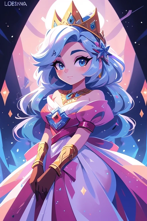 Nome: Isabella Title: Rainha do Gelo Cor da pele: pale, with a slight icy shine Hair color: Prateado, longo e liso Olhos: Hipnotizantes, de um tom profundo de azul claro Roupa: Um vestido majestoso, adornado com cristais de gelo, nas cores azul claro e azul escuro, with silver details that shine in the moonlight. Ela usa uma capa longa e elegante, feita de seda gelada, com bordados de flocos de neve. accessories: Uma coroa de gelo, com joias azuis cintilantes, e luvas longas de renda branca com detalhes de flocos de neve.Seu plano de fundo retrata um reino gelado, com castelos de gelo reluzentes e paisagens cobertas de neve, mostrando o poder e a beleza de seu reinado.