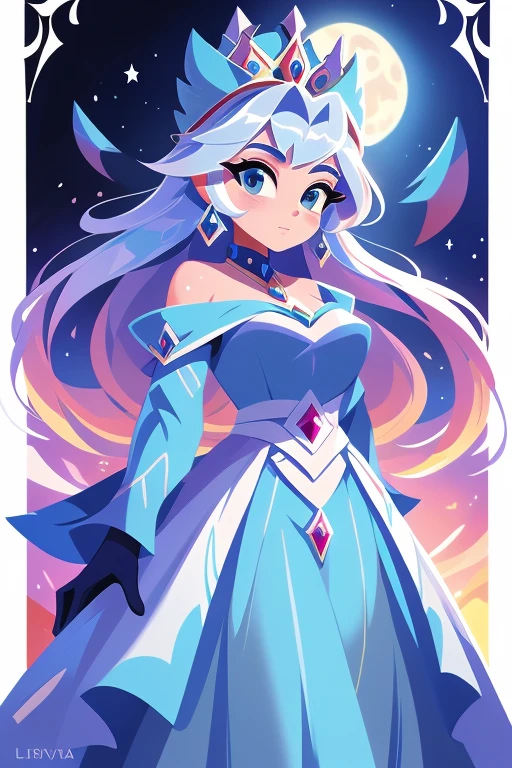 Nome: Isabella Title: Rainha do Gelo Cor da pele: pale, with a slight icy shine Hair color: Prateado, longo e liso Olhos: Hipnotizantes, de um tom profundo de azul claro Roupa: Um vestido majestoso, adornado com cristais de gelo, nas cores azul claro e azul escuro, with silver details that shine in the moonlight. Ela usa uma capa longa e elegante, feita de seda gelada, com bordados de flocos de neve. accessories: Uma coroa de gelo, com joias azuis cintilantes, e luvas longas de renda branca com detalhes de flocos de neve.Seu plano de fundo retrata um reino gelado, com castelos de gelo reluzentes e paisagens cobertas de neve, mostrando o poder e a beleza de seu reinado.