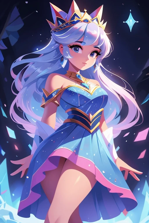 Nome: Isabella Title: Rainha do Gelo Cor da pele: pale, with a slight icy shine Hair color: Prateado, longo e liso Olhos: Hipnotizantes, de um tom profundo de azul claro Roupa: Um vestido majestoso, adornado com cristais de gelo, nas cores azul claro e azul escuro, with silver details that shine in the moonlight. Ela usa uma capa longa e elegante, feita de seda gelada, com bordados de flocos de neve. accessories: Uma coroa de gelo, com joias azuis cintilantes, e luvas longas de renda branca com detalhes de flocos de neve.Seu plano de fundo retrata um reino gelado, com castelos de gelo reluzentes e paisagens cobertas de neve, mostrando o poder e a beleza de seu reinado.