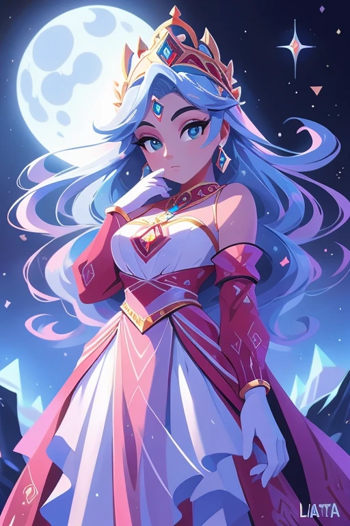 Nome: Isabella Title: Rainha do Gelo Cor da pele: pale, with a slight icy shine Hair color: Prateado, longo e liso Olhos: Hipnotizantes, de um tom profundo de azul claro Roupa: Um vestido majestoso, adornado com cristais de gelo, nas cores azul claro e azul escuro, with silver details that shine in the moonlight. Ela usa uma capa longa e elegante, feita de seda gelada, com bordados de flocos de neve. accessories: Uma coroa de gelo, com joias azuis cintilantes, e luvas longas de renda branca com detalhes de flocos de neve.Seu plano de fundo retrata um reino gelado, com castelos de gelo reluzentes e paisagens cobertas de neve, mostrando o poder e a beleza de seu reinado.