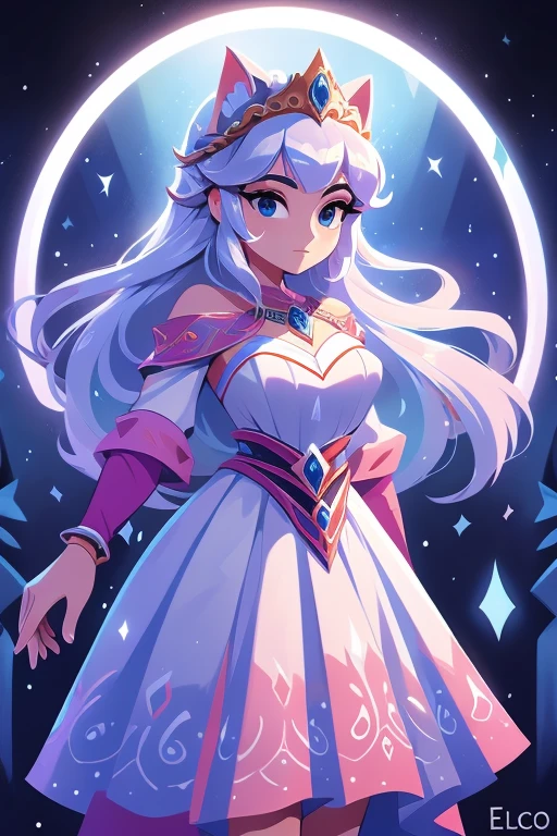 Nome: Isabella Title: Rainha do Gelo Cor da pele: pale, with a slight icy shine Hair color: Prateado, longo e liso Olhos: Hipnotizantes, de um tom profundo de azul claro Roupa: Um vestido majestoso, adornado com cristais de gelo, nas cores azul claro e azul escuro, with silver details that shine in the moonlight. Ela usa uma capa longa e elegante, feita de seda gelada, com bordados de flocos de neve. accessories: Uma coroa de gelo, com joias azuis cintilantes, e luvas longas de renda branca com detalhes de flocos de neve.Seu plano de fundo retrata um reino gelado, com castelos de gelo reluzentes e paisagens cobertas de neve, mostrando o poder e a beleza de seu reinado.