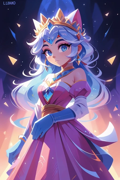 Nome: Isabella Title: Rainha do Gelo Cor da pele: pale, with a slight icy shine Hair color: Prateado, longo e liso Olhos: Hipnotizantes, de um tom profundo de azul claro Roupa: Um vestido majestoso, adornado com cristais de gelo, nas cores azul claro e azul escuro, with silver details that shine in the moonlight. Ela usa uma capa longa e elegante, feita de seda gelada, com bordados de flocos de neve. accessories: Uma coroa de gelo, com joias azuis cintilantes, e luvas longas de renda branca com detalhes de flocos de neve.Seu plano de fundo retrata um reino gelado, com castelos de gelo reluzentes e paisagens cobertas de neve, mostrando o poder e a beleza de seu reinado.