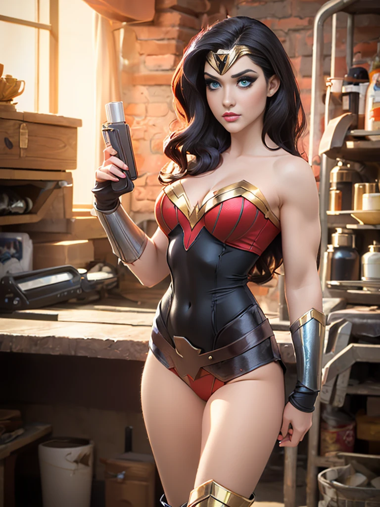 Wonder Woman, vhs effect, nostalgia, full body, Wonder Woman, (Intricate details, makeup), (Delicate and beautiful delicate face, delicate and beautiful delicate eyes, perfectly proportioned face), delicate skin, strong and realistic blue eyes, realistic black hair, lips, makeup, natural skin texture, tiara, jewelry, star \(symbol\), leotard, bulletproof gauntlet, Red boots, golden belt, (public clothing: 1.5), bare shoulders, slightly sunburned complexion, elastic muscles, (muscles: 1.2), ((strong and healthy body)), (((more) muscles))), long legs, curves, cleavage, thin waist, soft waist, (delicate skin), (beautiful woman), (swollen lips: 0.9), (eyelashes: 1.2), very delicate muscles, perfect body, flexing muscles, (skin texture), intricately detailed, fine details, hyperdetailed, raytracing, subsurface scattering, diffused soft lighting, shallow depth of field, by (Oliver Wetter))neon)