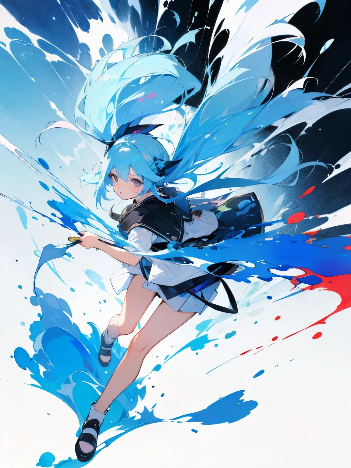 Paint, splashing ink, canvas, illustration, painting, art, twin-tailed light blue hair girl, cute