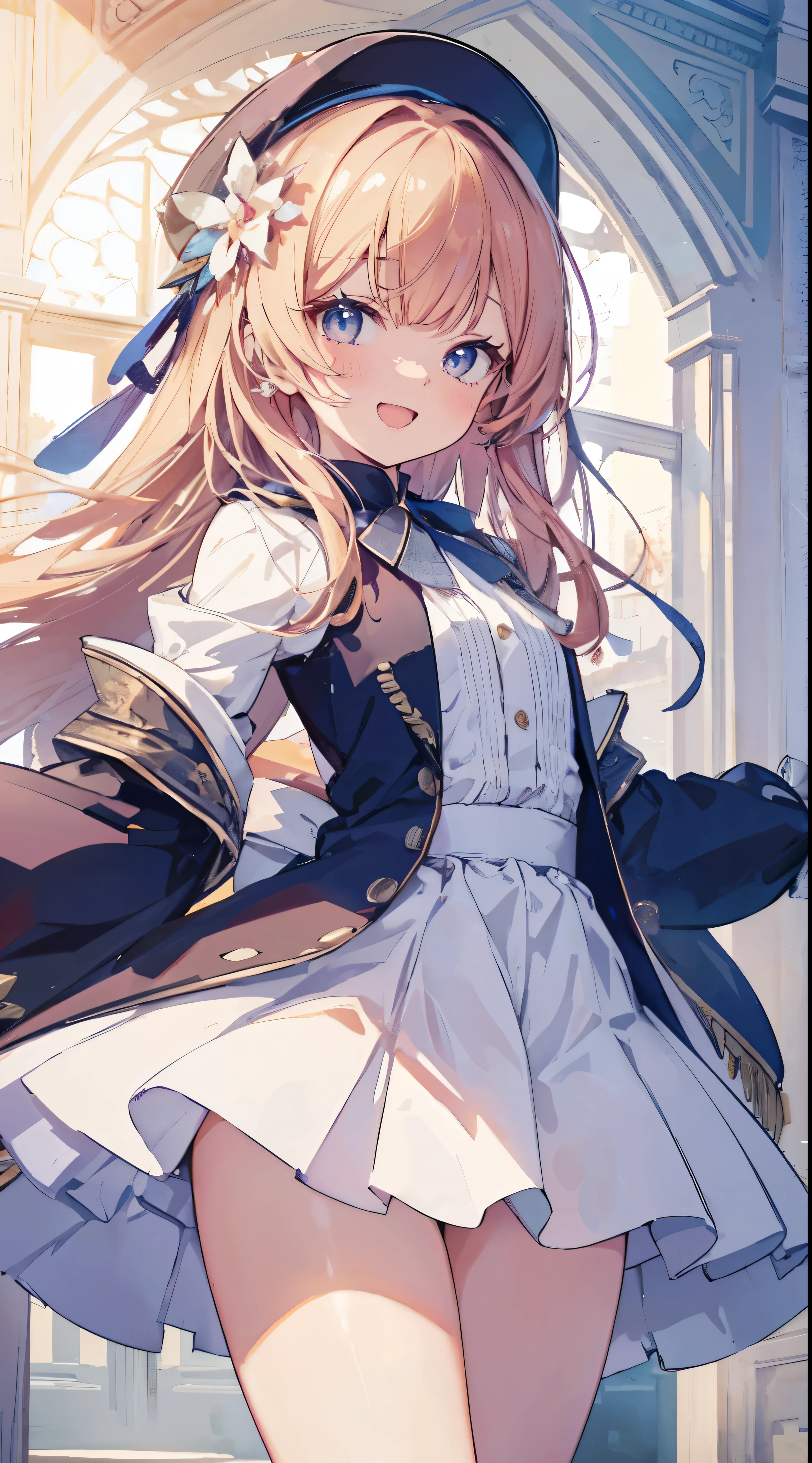 Masterpiece、Highest quality、highest quality、(Open Mouth Smile)、Shiny hair quality、Small face、Dynamic pose、Super detailed, beautiful, wide eyes、Ultra-detailed, clear and beautiful faces、(cute illustration:1.2), High-resolution, ultra-detailed, best quality, embarrassed、Thighs