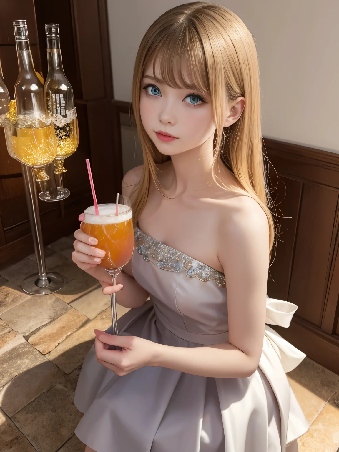 masterpiece,highest quality,Highest Resolution:1.2,Hyperrealistic:1.5,Realistic,8k Raw Photo:1.5、One girl,Big eyes,Clear amber eyes,Eye highlights,Bring a sparkle to your eyes、In the container、Cocktail Glass、Colourful and delicious cocktails、whole body、Cocktail Dresses、