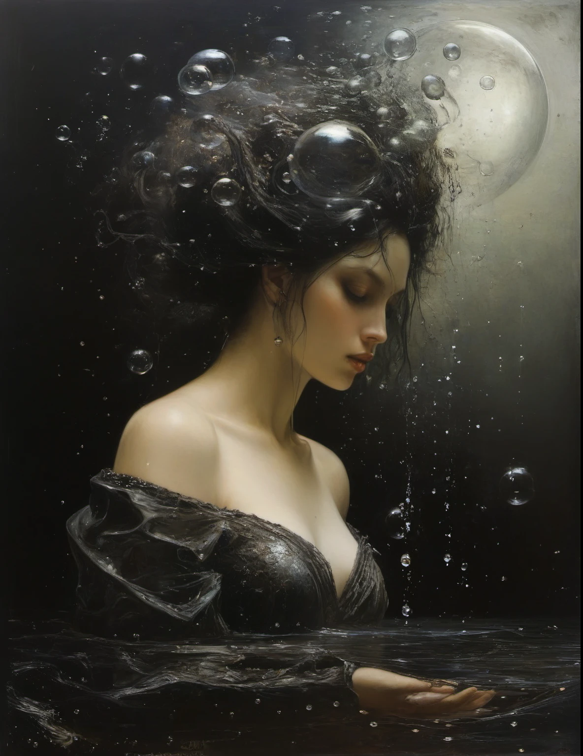 James Gurney, Surrealist art , dream-like, Mysterious, Provocative, symbolic, Complex, detailed,, (Gothic but very beautiful:1.4), (masterpiece, highest quality:1.4) , Nicola Samori Style, siren 、Water bubbles
