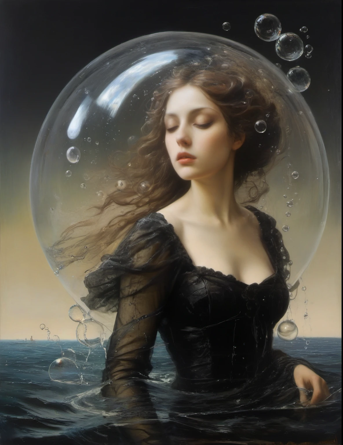 James Gurney, Surrealist art , dream-like, Mysterious, Provocative, symbolic, Complex, detailed,, (Gothic but very beautiful:1.4), (masterpiece, highest quality:1.4) , Nicola Samori Style, siren 、Water bubbles