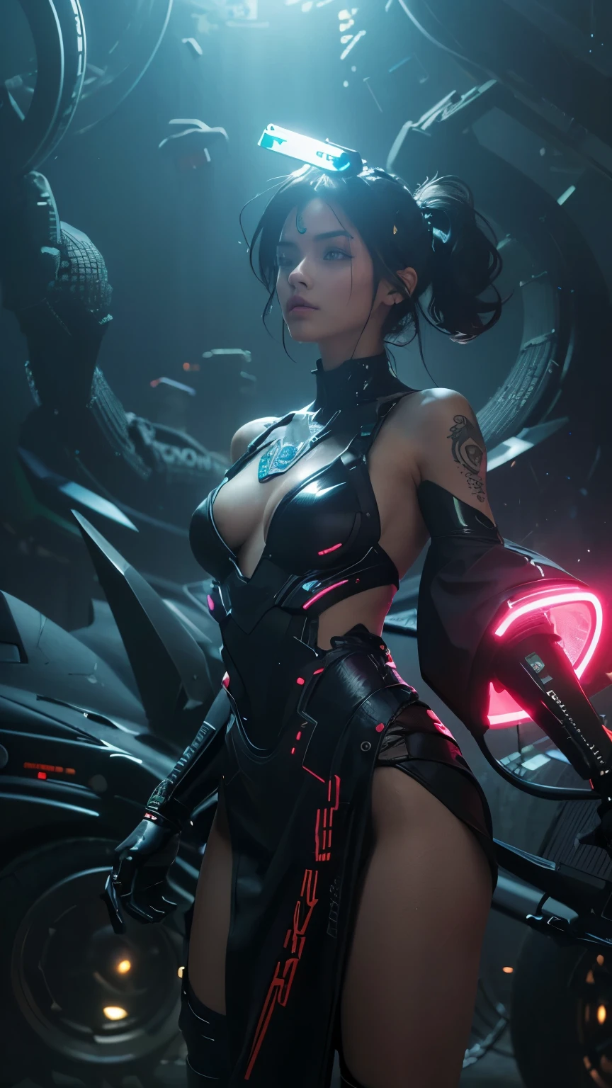 (best quality,4k,8k,highres,masterpiece:1.2),ultra-detailed,(realistic,photorealistic,photo-realistic:1.37),cyberpunk hero,mecha style, machine hands, futuristic goggles, digital implants, glowing tattoos, neon-lit cityscape, high-tech weaponry, augmented reality interface, chromatic color scheme, dynamic lighting