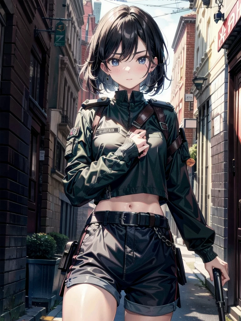 whole body, long sword, Black military uniform, Ladies' military vests, absurdres, RAW photo, extremely delicate and beautiful, masterpiece, Best Quality, ultra high resolution, 32k, hyperrealistic, ultra-detailed, tearful mole, earring, short medium hair, wavy hair, urban backdrop, shorts, midriff, 